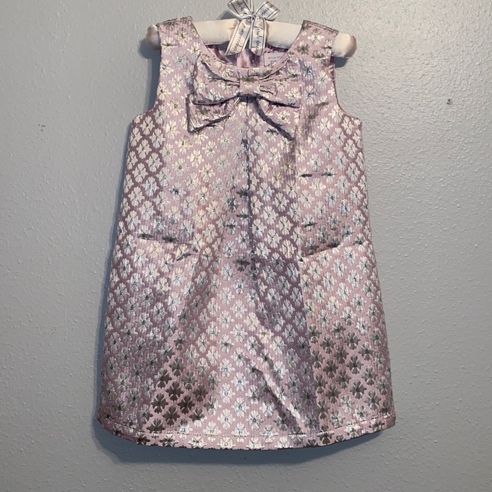 girl’s purple and silver floral pleated front dress